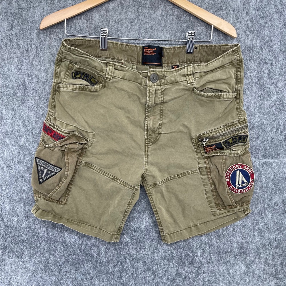 Superdry Core Cargo Lite Shorts Mens 32 Olive Green Military Patch Utility Cargo